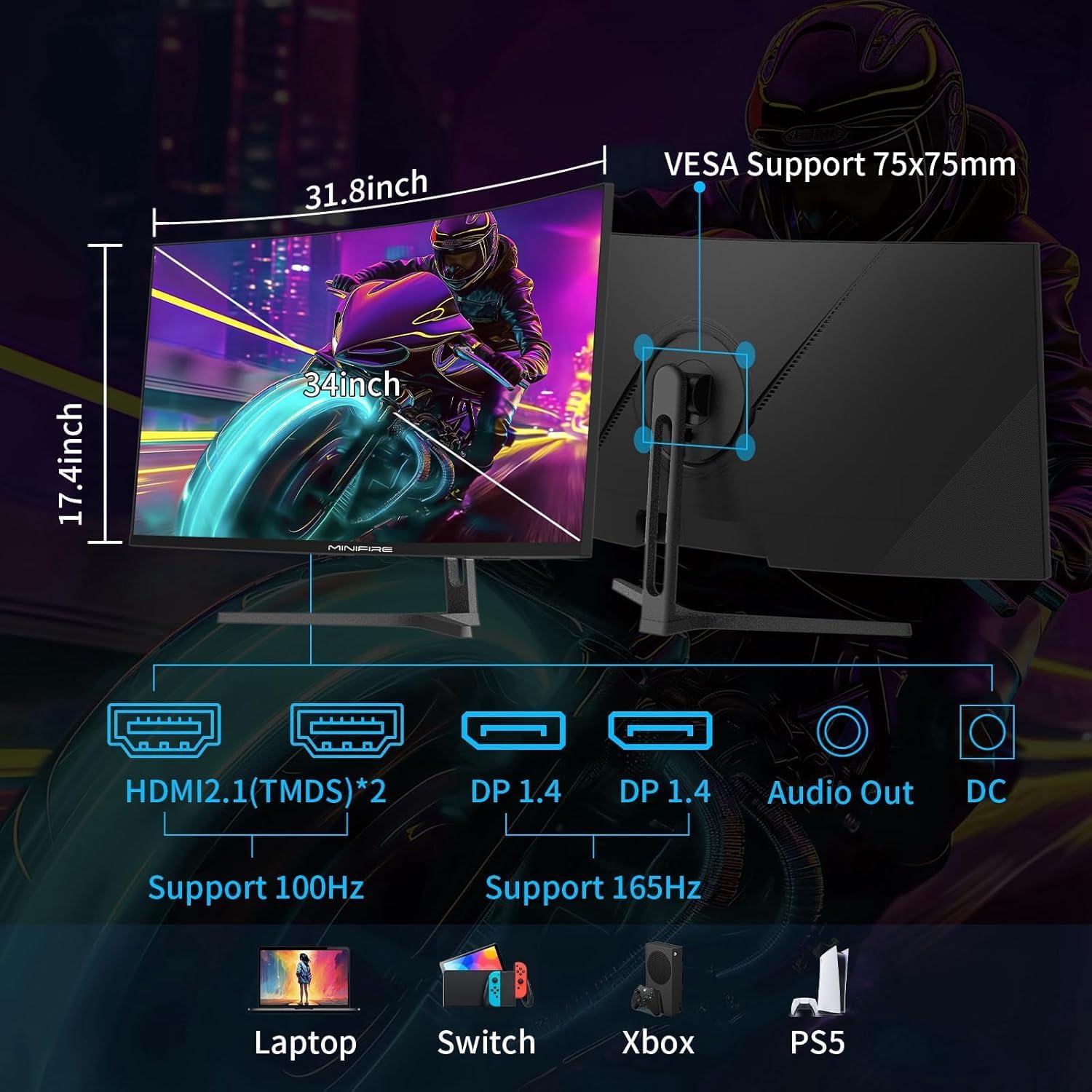 71uXxASWiL_AC_SL1500_ MiniFire MFG34C5Q Gaming Curved 34" Monitor - product image