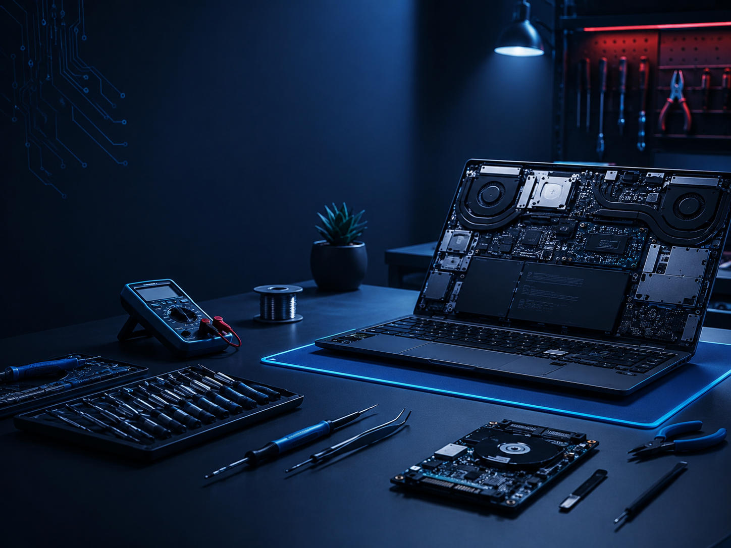 Professional computer diagnostic and repair workspace