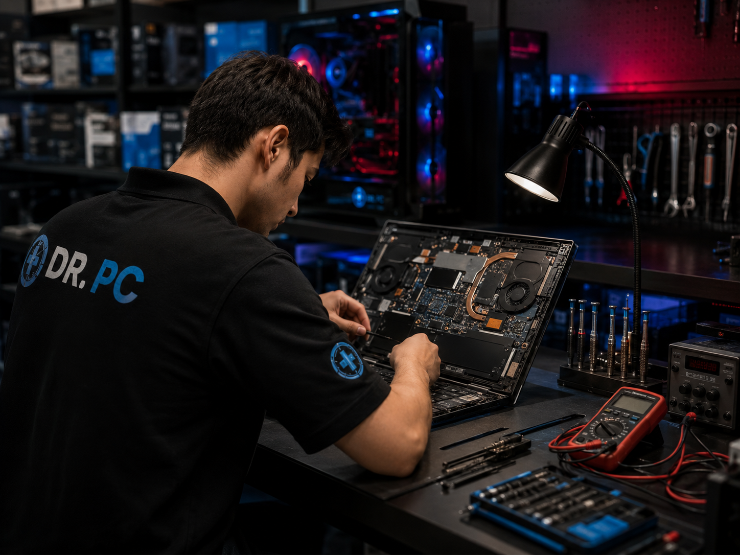 DR. PC technician repairing a laptop