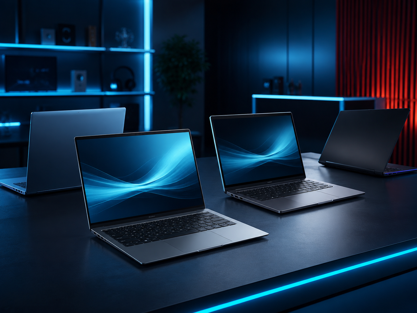 Premium laptops displayed in a modern DR. PC technology showroom