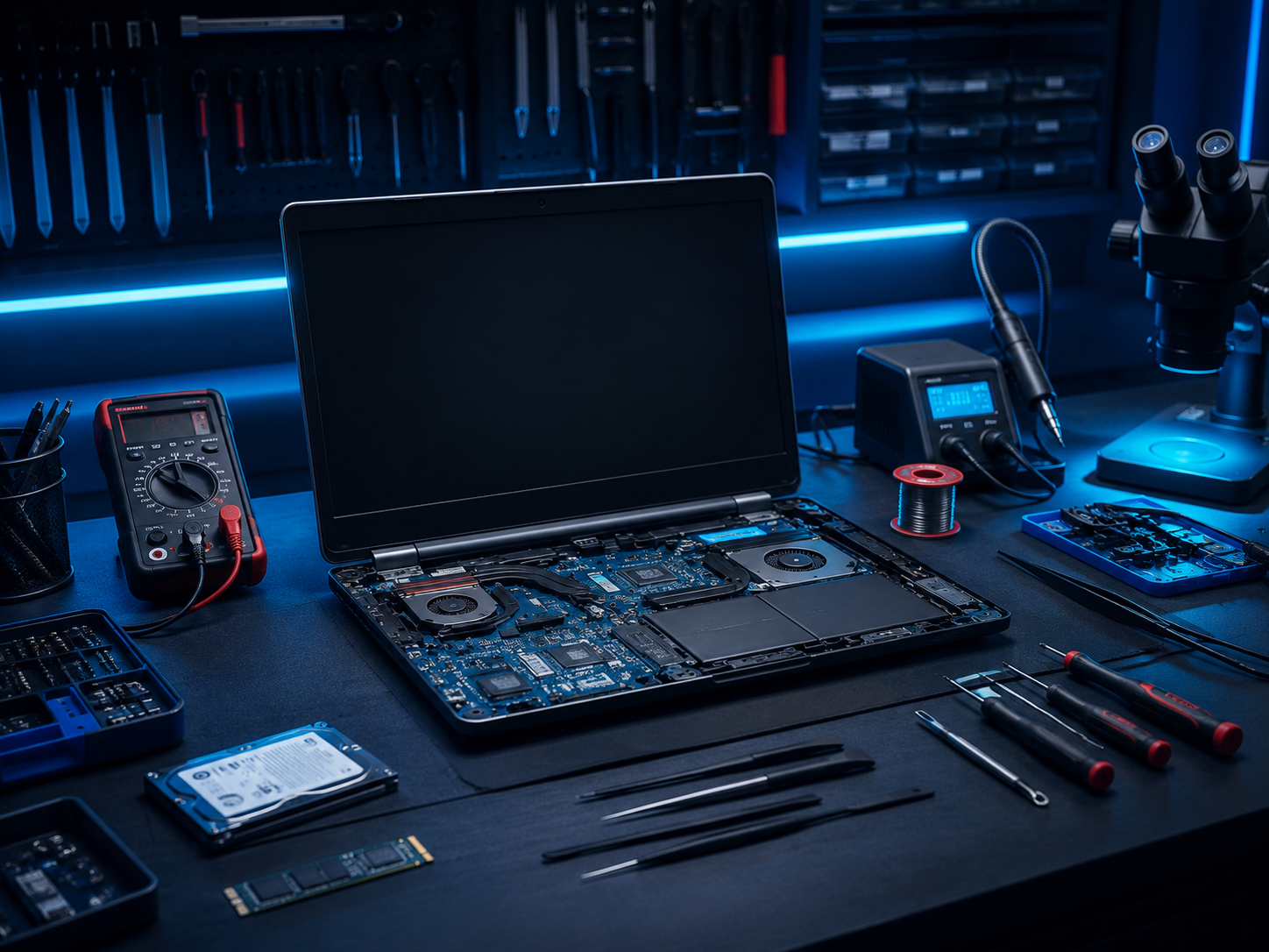 Professional laptop repair and diagnostics bench at DR. PC