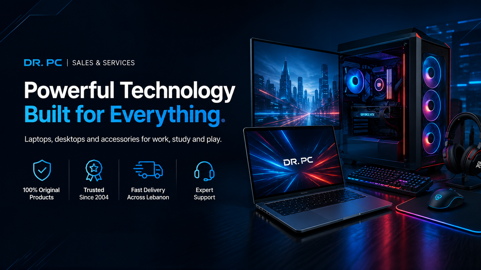 DR. PC powerful technology banner with laptops, desktops and accessories